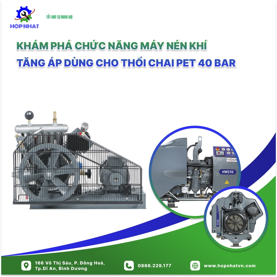 <p style="text-align: justify;"><span style="font-size:16px;">Máy nén khí tăng áp dùng cho thổi chai PET 40 BAR là thiết bị không thể thiếu trong ngành sản xuất bao bì, đặc biệt là trong quá trình tạo hình chai nhựa PET. Với áp suất lên đến 40 BAR, loại máy này đảm bảo cung cấp luồng khí mạnh mẽ và ổn định để đáp ứng nhu cầu sản xuất các chai nhựa với chất lượng cao. Hãy cùng khám phá chức năng, ưu điểm cụ thể của máy nén khí tăng áp này trong công nghiệp ngay qua bài viết sau đây!</span></p>