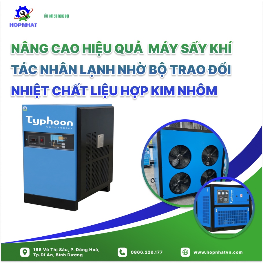 <p style="text-align: justify;"><span style="font-size:16px;">﻿Trong hệ thống sấy khí công nghiệp, việc loại bỏ hơi nước khỏi khí nén là cần thiết để bảo vệ thiết bị và đảm bảo hiệu suất. Sử dụng bộ trao đổi nhiệt chất liệu hợp kim nhôm trong hệ thống máy sấy khí tác nhân lạnh đang trở thành xu hướng nhờ khả năng dẫn nhiệt tốt và nhiều lợi ích khác, giúp nâng cao hiệu quả sấy khí đáng kể.</span></p>