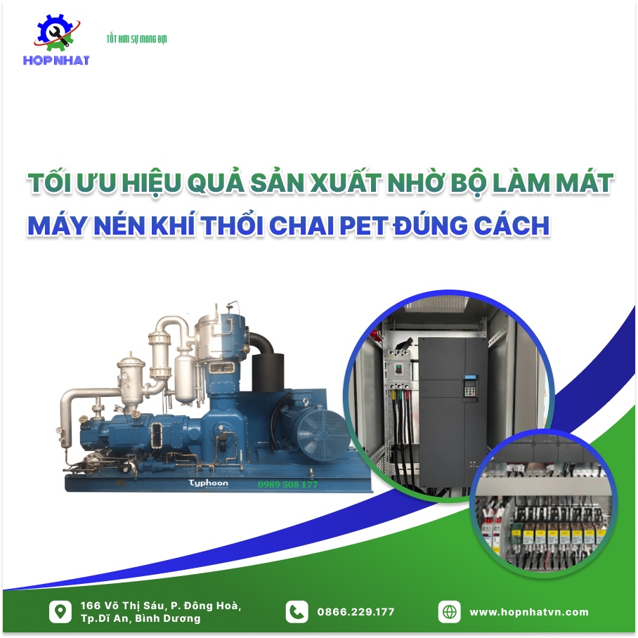 <p style="text-align: justify;"><span style="font-size:16px;">Trong sản xuất chai PET, tối ưu hóa hiệu suất máy nén khí là yếu tố quyết định đến năng suất và độ bền thiết bị. Máy nén khí thổi chai PET sinh ra nhiệt lớn, ảnh hưởng đến hiệu quả và tuổi thọ hệ thống. </span></p>

<p style="text-align: justify;"><span style="font-size:16px;">Sử dụng bộ làm mát máy nén khí thổi chai PET đúng cách là giải pháp quan trọng để duy trì hoạt động bền vững. Bài viết này sẽ trình bày tầm quan trọng, nguyên lý hoạt động và các yếu tố kỹ thuật cần chú ý để tối ưu hóa quy trình sản xuất.</span></p>