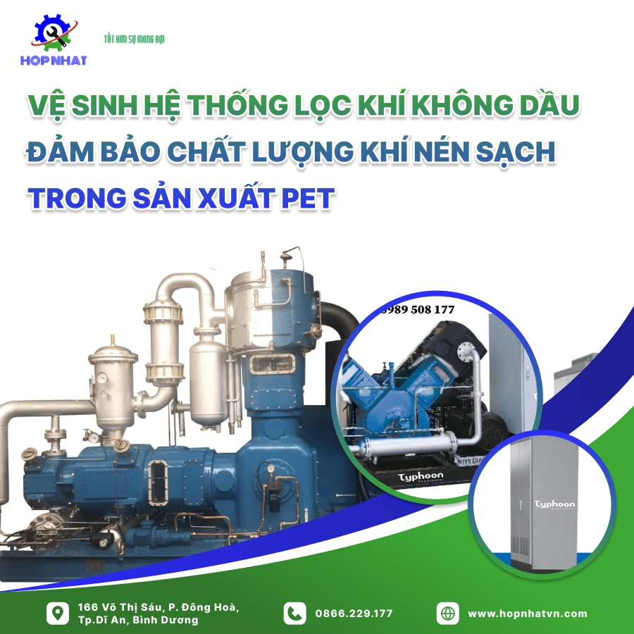 <p style="text-align: justify;"><em><span style="font-size:16px;">Hệ thống lọc khí không dầu giữ vai trò quan trọng trong việc cung cấp khí nén sạch, giúp tăng cường hiệu suất sản xuất, duy trì chất lượng sản phẩm cao. Chính vì vậy, việc vệ sinh hệ thống lọc khí không dầu là một bước cần thiết trong quá trình vận hành.</span></em></p>

<p style="text-align: justify;"><em><span style="font-size:16px;">Trong bài viết này, chúng tôi sẽ trình bày rõ nguyên nhân gây ra sự tích tụ tạp chất trong hệ thống lọc khí không dầu, hướng dẫn quy trình vệ sinh hiệu quả và nêu rõ những lợi ích của việc này đối với quá trình sản xuất PET.</span></em></p>