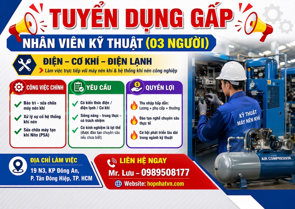 <p><meta charset="UTF-8" /></p>

<h3 data-end="225" data-section-id="1ct0ez" data-start="191">🔧 ĐIỆN &ndash; CƠ KH&Iacute; &ndash; ĐIỆN LẠNH</h3>

<p data-end="298" data-start="226">👉 L&agrave;m việc trực tiếp với&nbsp;<strong data-end="298" data-start="252">m&aacute;y n&eacute;n kh&iacute; & hệ thống kh&iacute; n&eacute;n c&ocirc;ng nghiệp</strong></p>